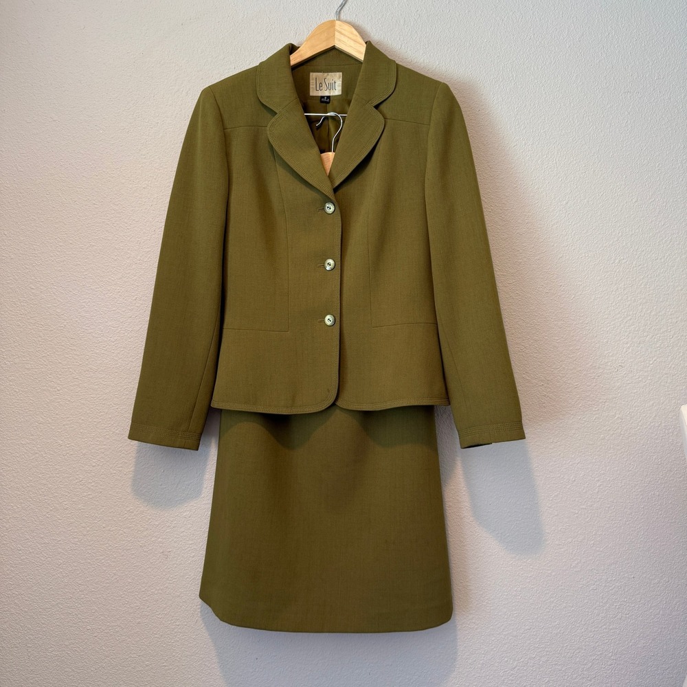 Le Suit Womens Olive Green 2 Piece Skirt Suit Set Blazer and Skirt Size 8